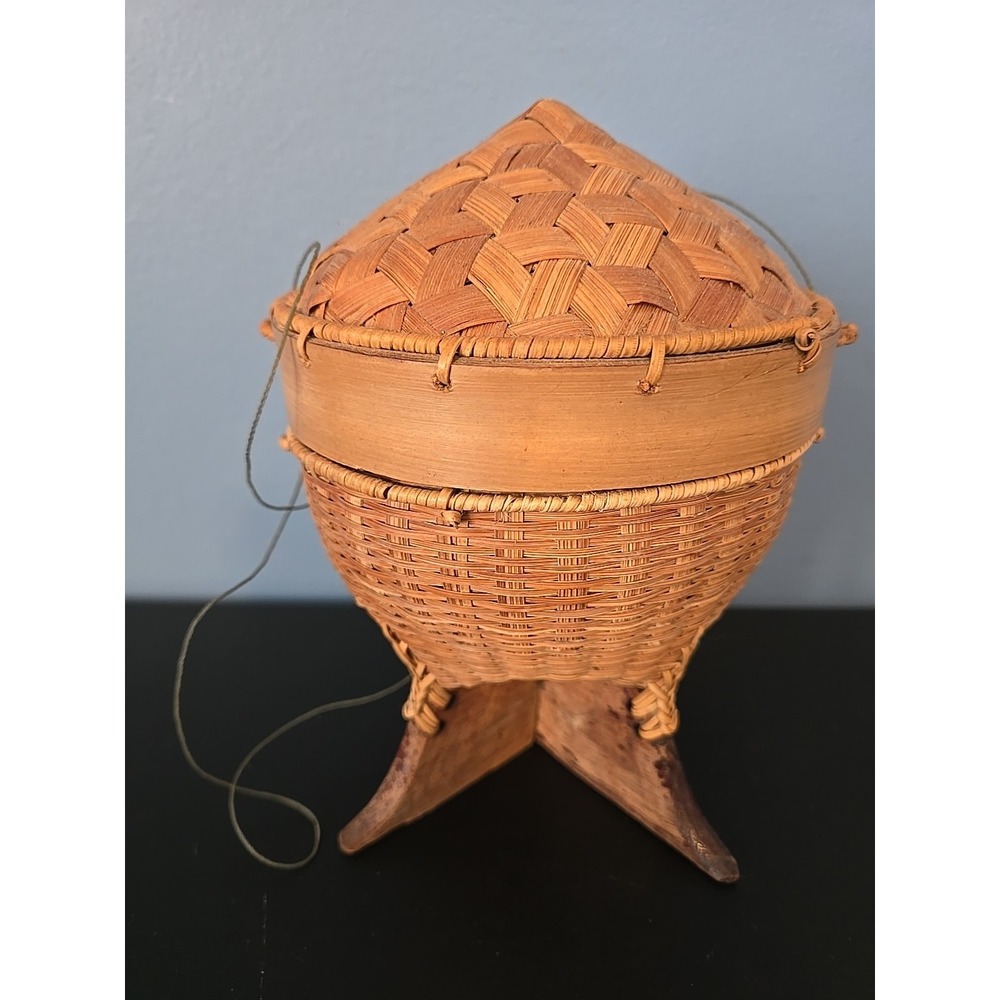 Vtg Thai Handmade Laos Ancient Kratip Kong Kao Sticky Rice‎ Bamboo Basket 7.5"